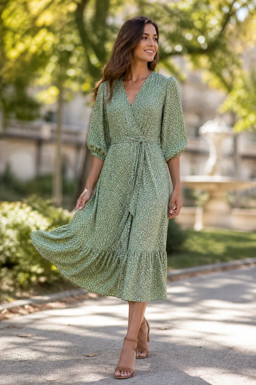Midi dress worn outdoors in soft daylight