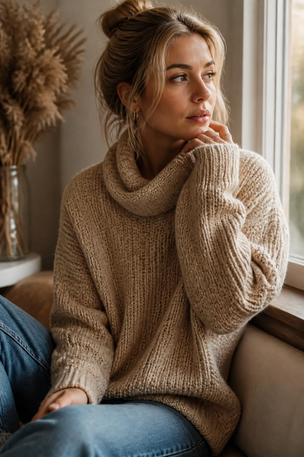 Chunky knit sweater by a window