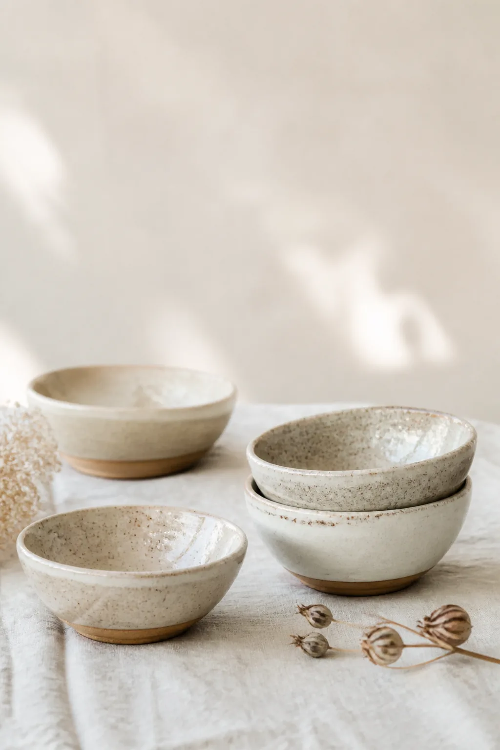 Handmade ceramic bowls on linen