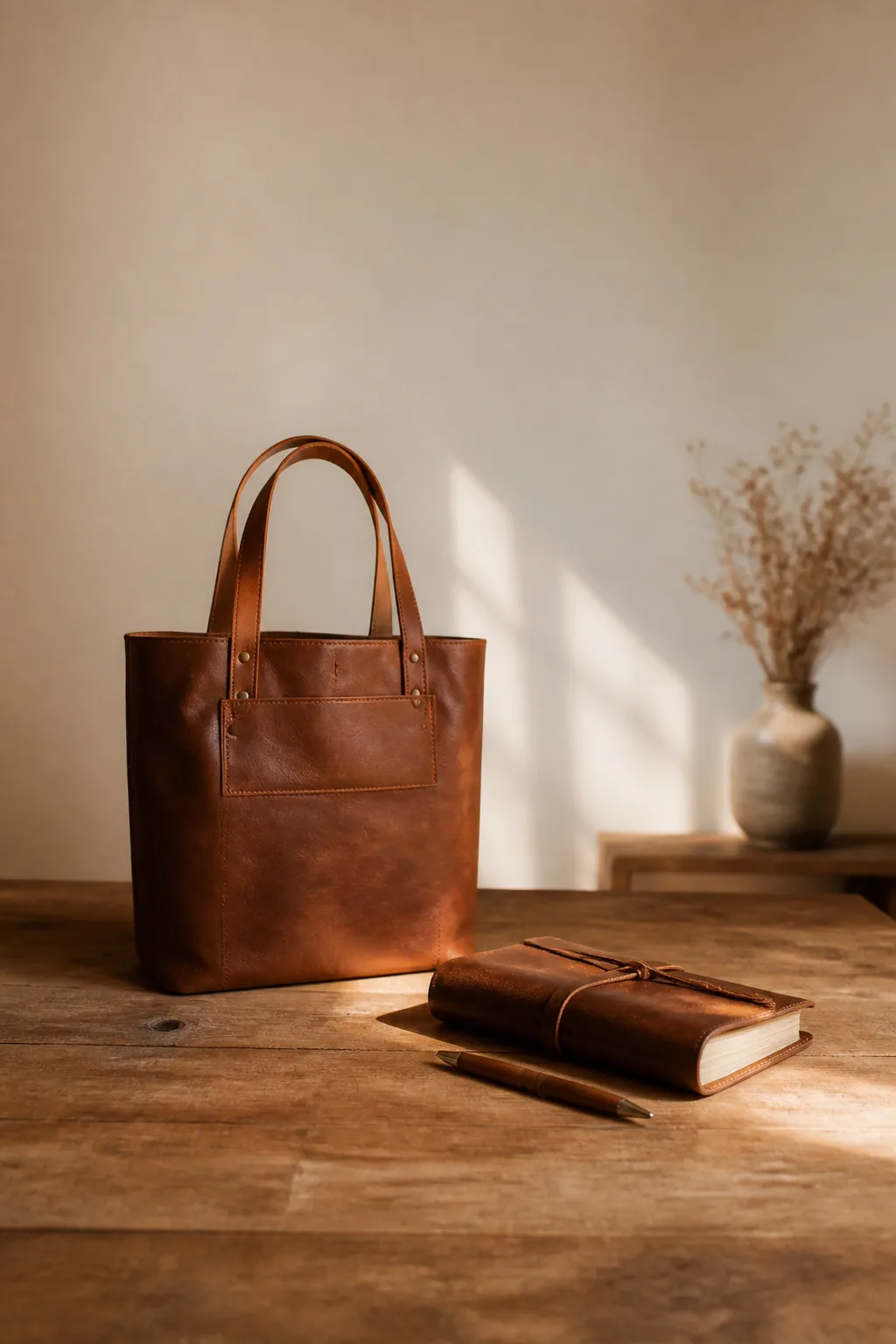 Handmade leather tote and journal