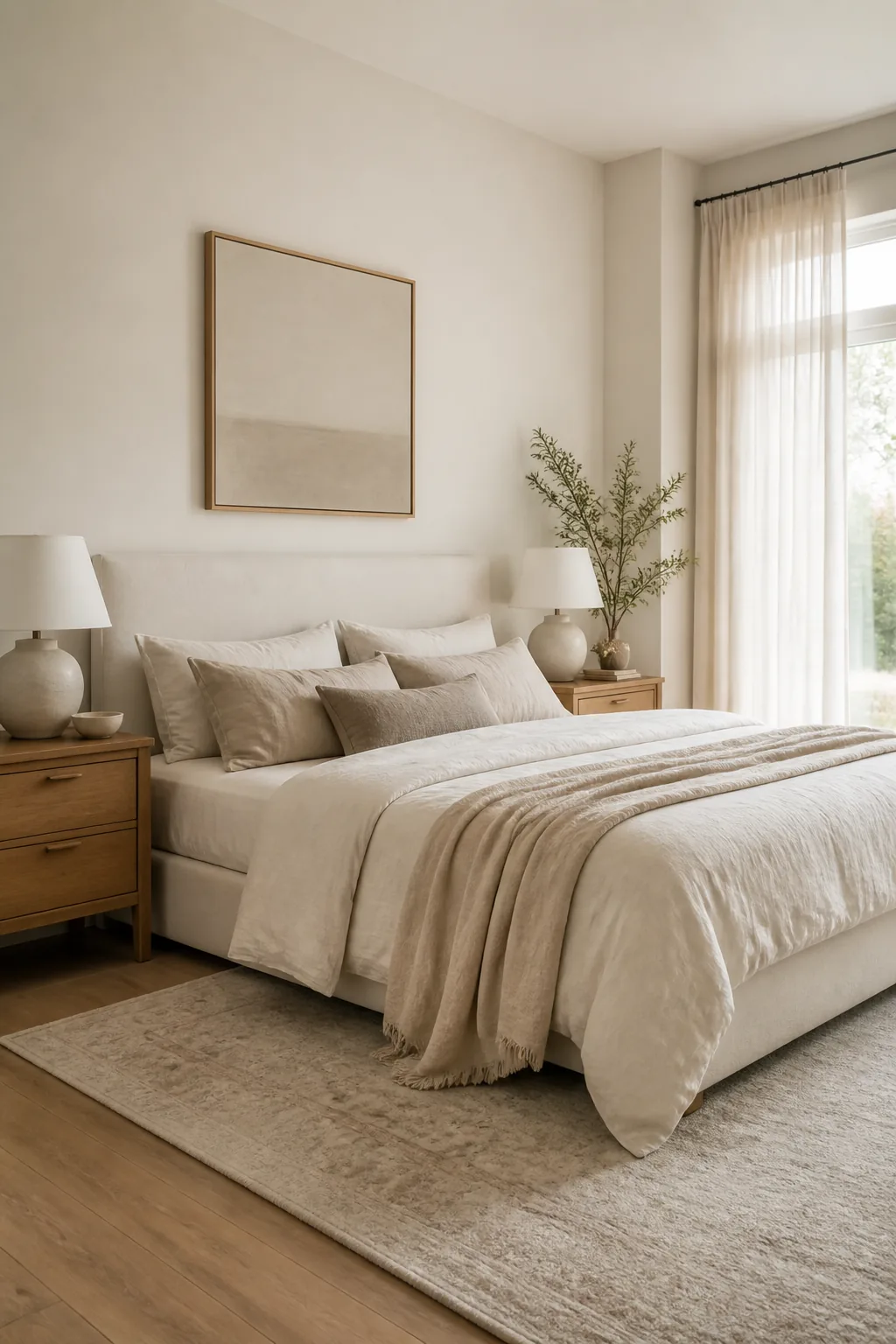 Upholstered bed with linen bedding