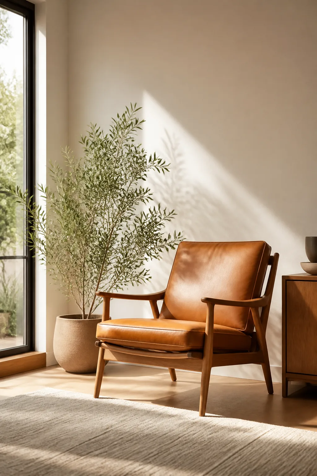 Leather lounge chair by a window
