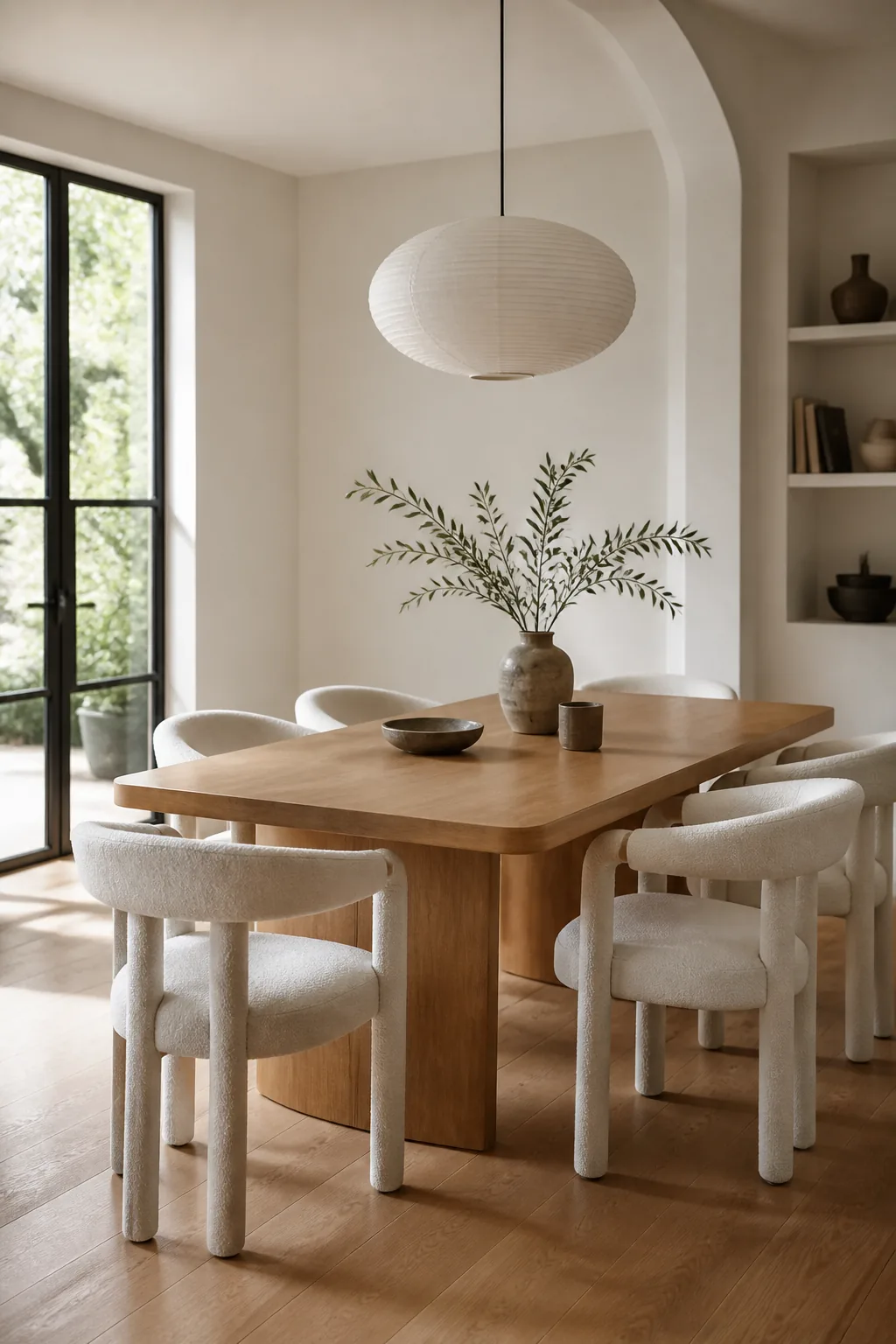 Wood dining table with sculptural chairs