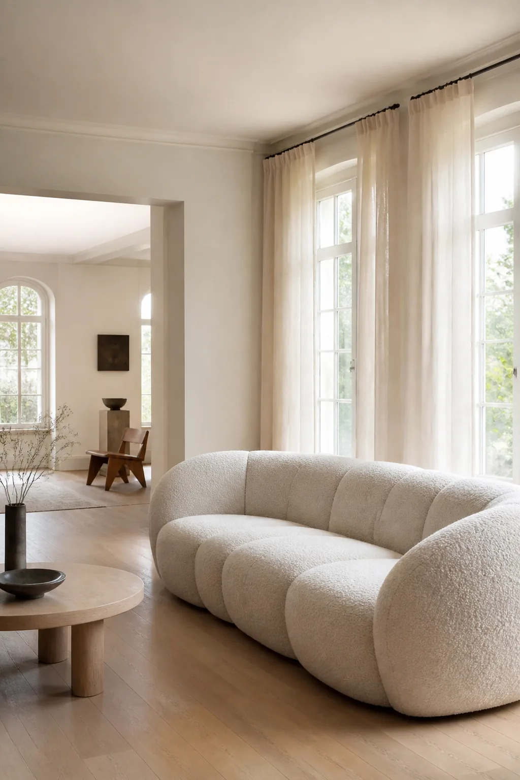 Boucle sofa in a sunlit living room