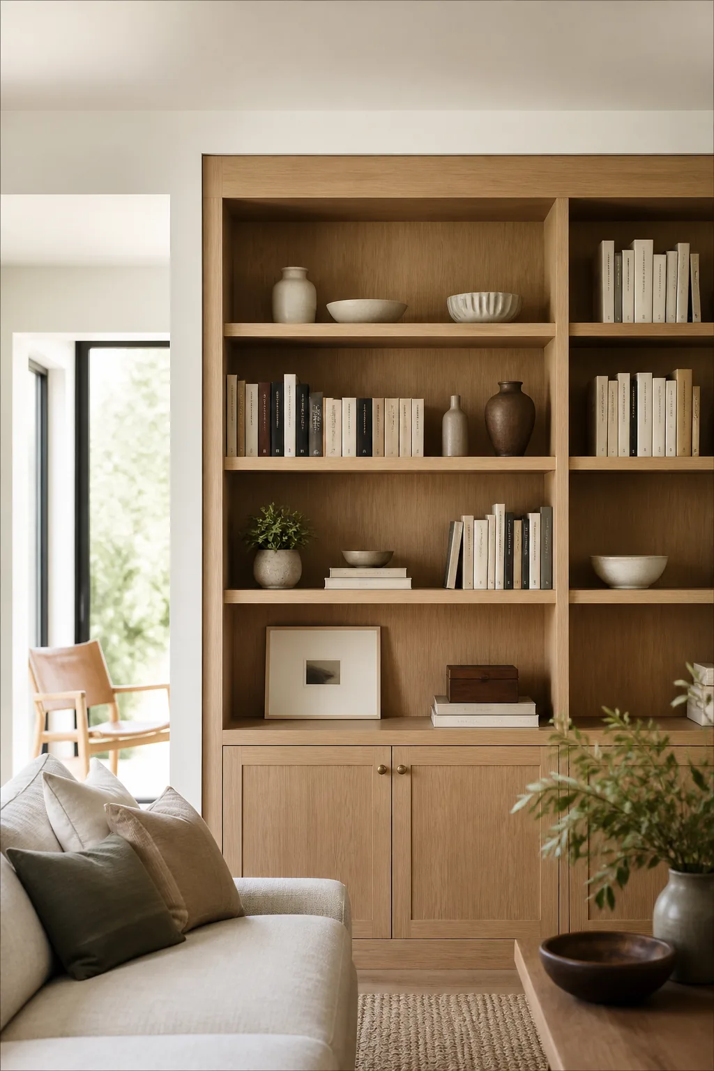 Oak shelving in a living room